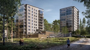 Två moderna flerfamiljshus i ett grönskande område med människor som promenerar i förgrunden