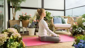 Kvinna som mediterar på rosa yogamatta i ett ljust rum med många blommande växter och en fåtölj