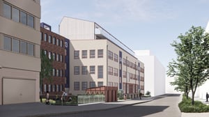 Illustration av flerbostadshus med gård, gångväg och träd