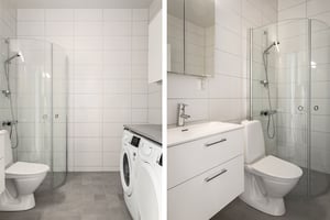 Tvättstuga med toalett, duschhörna och tvättmaskin i ljusa kaklade ytor