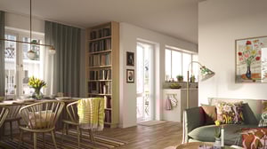 Vardagsrum och matplats i ljusa färger med bokhylla, soffa, matbord och stora fönster