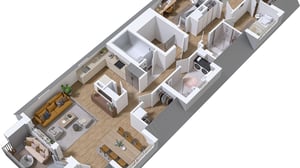 Lägenhet i 3D med öppen planlösning, kök, vardagsrum och flera sovrum