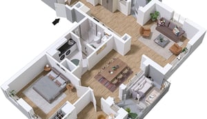 3D-planlösning av en möblerad lägenhet med sovrum, vardagsrum, kök, badrum och matplats