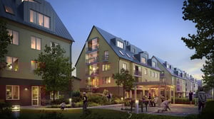 Illustration av moderna flerbostadshus med upplysta lägenheter, gårdsmiljö och människor utomhus