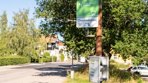 Busshållplatsen Thomashallen vid en lugn gata med träd och bostadshus