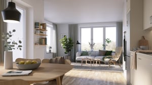 Lägenhet med öppen planlösning, ljus vardagsrumsdel och modern inredning