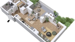 Lägenhet i 3D-illustration med kök, vardagsrum, sovrum, badrum och balkong