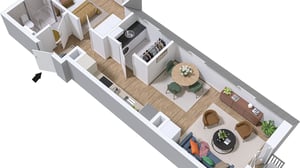 Lägenhet i 3D-bild med kök, matplats och vardagsrum