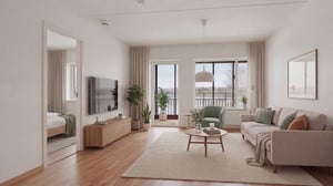 Ljus och möblerad vardagsrumslägenhet med balkong, soffa, tv och växter