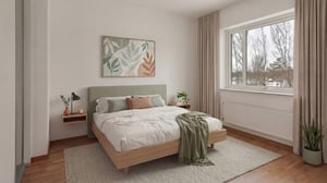 Inflyttningsklar lägenhet med sovrum, dubbelsäng och stort fönster