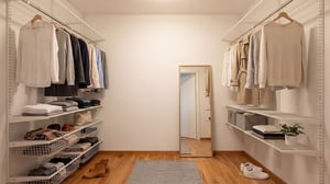 Klädkammare med garderobsinredning, kläder på hängare, förvaringskorgar och en spegel