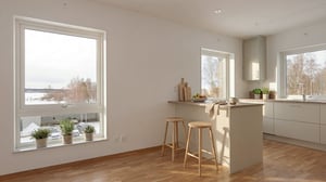 Inflyttningsklar lägenhet med ljus öppen planlösning, kök och stora fönster