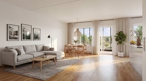 Inflyttningsklar lägenhet med ljus öppen planlösning, stor soffa, matplats och balkongdörrar mot grön utsikt