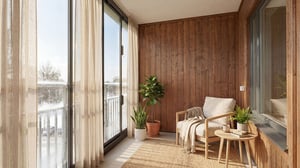 Inglasad balkong med träpanel, sittmöbel, växter och ljusa gardiner