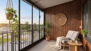 Inglasad balkong med sittgrupp, växter och utsikt över området