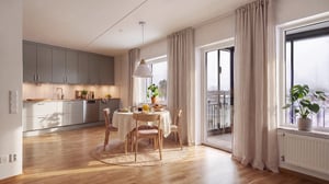 Inflyttningsklar lägenhet med öppen planlösning, kök och matplats vid stora fönster