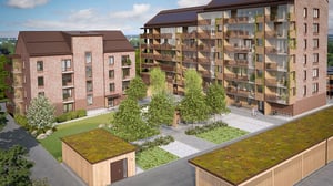 Flerbostadshus, gårdsmiljö och grönskande innergård