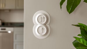 Lägenhet med klassiska ljusströmbrytare på vägg och gröna växter i förgrunden