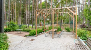 Uteplats med träpergola, sittbänkar och bord i en skogsmiljö