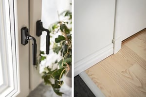 Bild på ett fönsterhandtag i metall bredvid en grön växt samt en närbild på en tröskel mellan ett trägolv och klinker