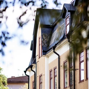 Fasad på bostadshus med flera fönster och mörkt tak, delvis sedd genom trädgrenar