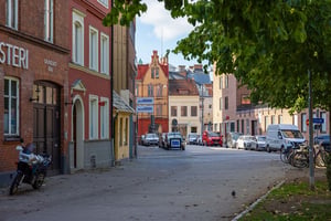 Gata i stadsmiljö med parkerade bilar, cyklar och byggnader i bakgrunden. Grönskande träd synliga på höger sida