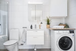 Inflyttningsklart badrum med toalett, dusch, handfat och tvättmaskin