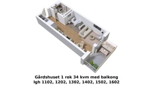 Lägenhet med 1 rok, 34 kvm och balkong, visad i 3D-planlösning