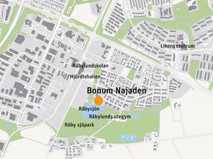 Karta över området kring Bonum Najaden vid Råbysjön i Lund