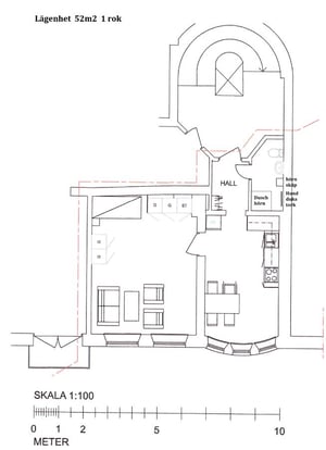 Bostadsplanritning för lägenhet 52 kvm med 1 rum, hall, kök och duschhörn