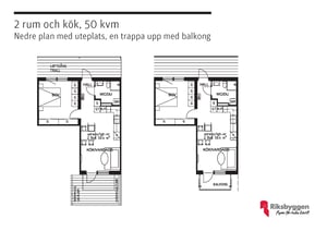 Planritning av en bostad med 2 rum och kök, 50 kvm, med nederplan som inkluderar uteplats och en trappa upp till en balkong