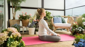 Kvinna som mediterar på rosa yogamatta i ett ljust rum med många blommande växter och en fåtölj