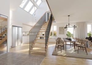 Lägenhet med öppen planlösning, trappa, kök och matplats