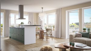 Lägenhet med öppen planlösning, köksö och stora fönster