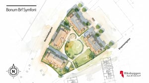 Karta över bostadsområdet Bonum Brf Symfoni med byggnader, grönområden och vägar markerade