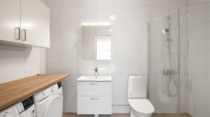 Badrum med duschhörna, tvättmaskin, kommod och förvaringsskåp i modern ljus inredning