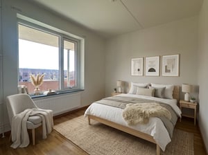 Sovrum med stora fönster möblerat med dubbelsäng och fåtölj