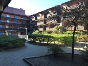 Innergård med flerbostadshus, grönska och gångvägar under en klar himmel