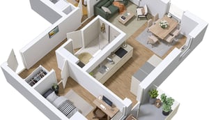 Lägenhet i 3D-illustration med kök, vardagsrum, sovrum och matplats