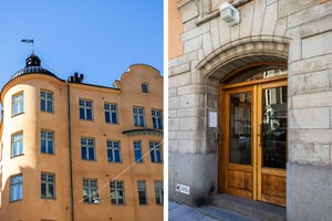 Kollagebild av flerbostadshus torn och runda hörn samt entreport