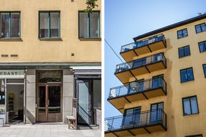 Kollagebild med entreport och balkonger på flerbostadhus i ljus puts