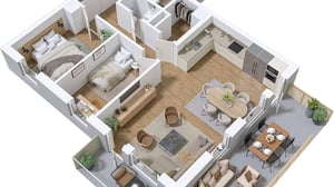 Illustration av lägenhet med öppen planlösning, två sovrum, kök, matplats och vardagsrum