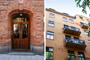 Kollagebild med entre och balkonger i flerbostadshus