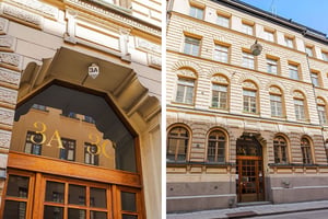 Kollagebild av äldre flerbostadshus med detalj i entreport och murade detaljer i fasad