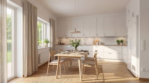 Tomt rum i ljus och modern köksmiljö med matplats, vita skåp och stora fönster