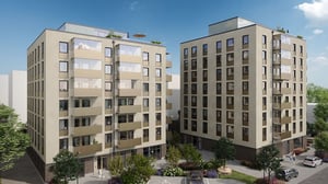 Illustration av två flerbostadshus med balkonger, fönster och grön gård mellan byggnaderna