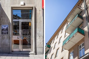 Kollagebild med entreport samt balkonger