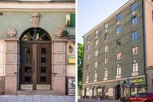 Kollagebild med entreport och fasadbild av äldre hyresrättsfastighet