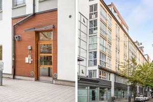 Två bilder i en - hyresrättsfastighet och en av dess entreportar