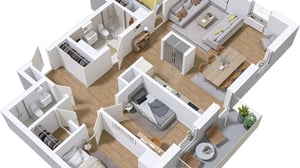 3D-illustration av en möblerad lägenhet med vardagsrum, sovrum, kök, badrum och balkong